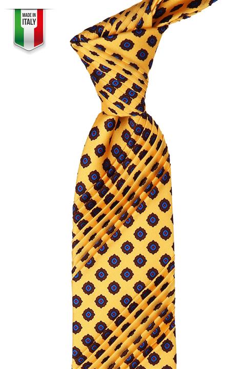 La Pescara Sarı Motif Desen Piliseli İpek Kravat