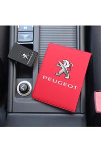 MaveraShop Özel Tasarım Peugeot Logolu Kırmızı Ruhsat Kılıfı Ve Benzinli Çakmak