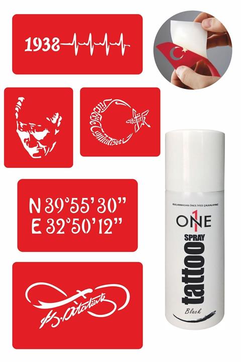 ONE SPRAY TATTOO Atatürk Imza Dövmesi Siyah Tattoo Sprey ve 5 Adet Geçici Dövme Deseni Seti