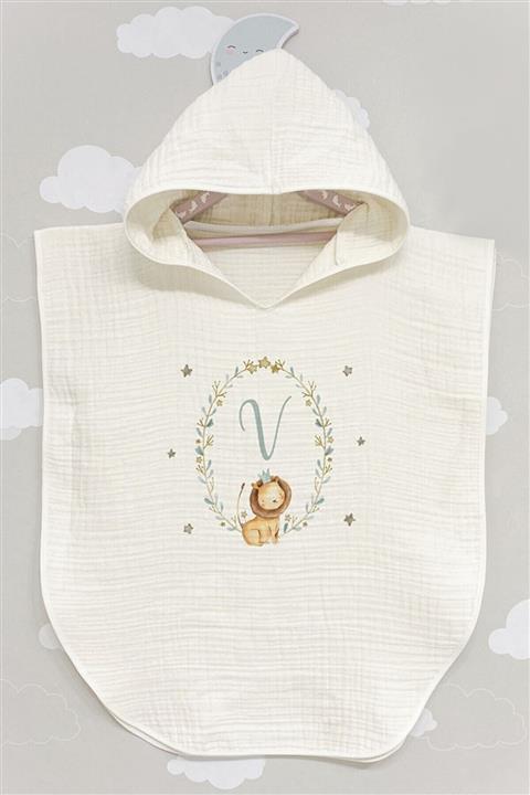 BabyLimon 4 Kat Müslin Kapüşonlu Panço Harf Serisi V Harfi