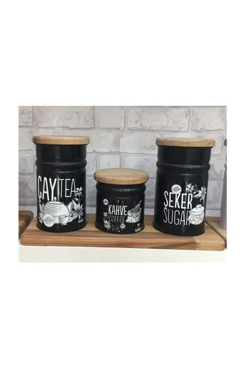 depoma consept Ahşap Standlı Metal Çay Kahve Şeker Saklama Kovası 3'lü