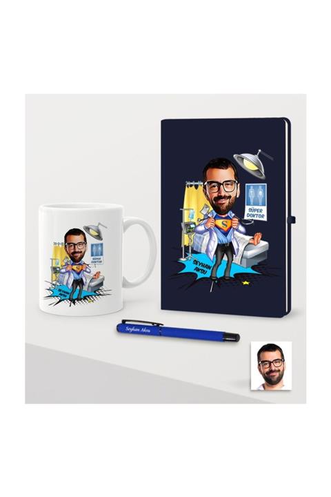 BK Kişiye Özel Bay Doktor Karikatürlü Lacivert Defter Kalem Kupa Seti - 1
