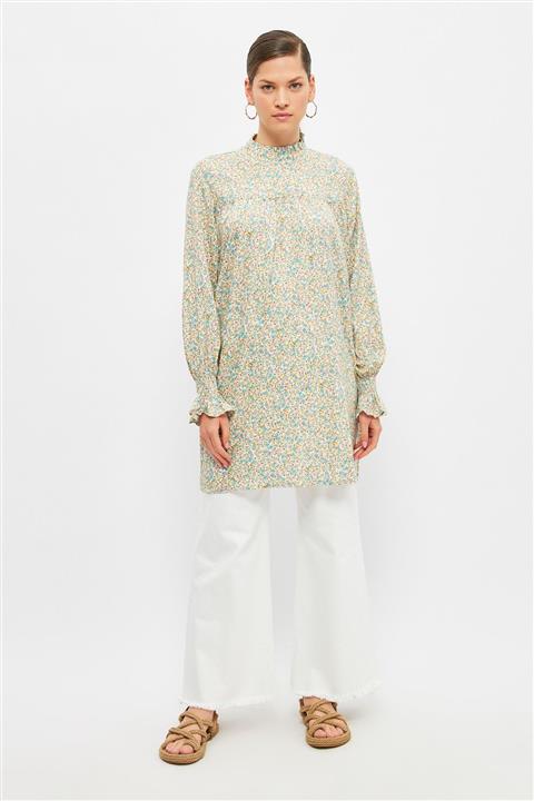 Trendyol Modest Ekru Dik Yaka Baskılı Viskon Tesettür Tunik TCTSS21TN0309