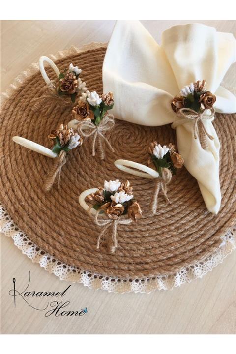 Karamelhome Beyaz-gold Çiçek Demeti Peçete Halkası Yüzüğü