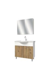 banos Al1 Metal Ayaklı 2 Kapaklı Lavabolu Ceviz Mdf 80 Cm Banyo Dolabı Aynalı Üst Dolabı