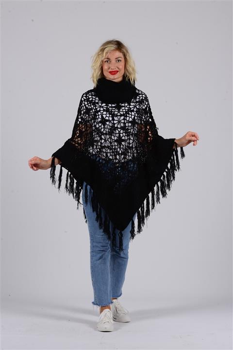 Gezgin tekstil ve aksesuar Kadın Siyah Püsküllü Akrilik Pullu Panço