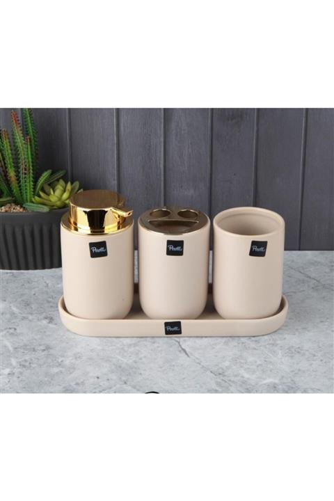 Perotti 3'lü Porselen Tepsili Banyo Seti Krem