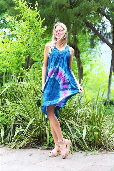 YILSOY TEKSTİL Kadın Lacivert Dantel Yaka V Desenli Batik Elbise