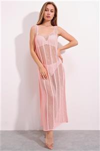 CHUBA Kadın Pembe New Summer File Örgü Yırtmaçlı Uzun Plaj Elbisesi 21s703