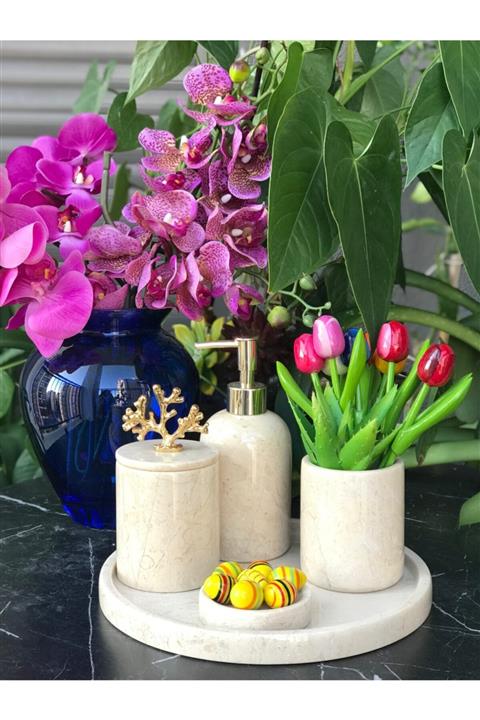 MIARIK DESIGN & DEKORASYON Dekoratif Bej Renk Gold Mercan Detaylı Mermer 5 Li Banyo Seti Takımı