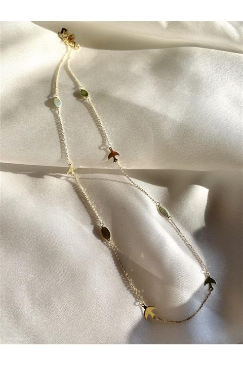 Azze Şanş Kolyesi Kuş Figürlü Ve Oval Figür Zincir Kolye