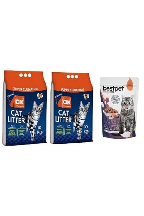 Akkum Pudralı Kedi Kumu Ince 10 Kg X 2 Adet + Somonlu Pouch Yaş mama