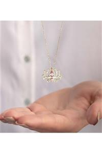 Feays Gold 14 Ayar Pembe Damla Taşlı Altın Lotus Çiçeği Kolye