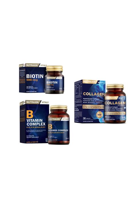 Nutraxin Kolajen Takviyesi 1050 Mg 30 Tablet + B Vitamin Complex 60 Tablet + Biotin 5000 Mcg 30 Tablet