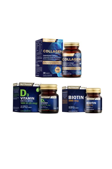 Nutraxin Hidrolize Kolajen 1050 Mg 30 Tablet+ Biotin 5000mcg 30 Tablet+d3 Vitamini 120tablet