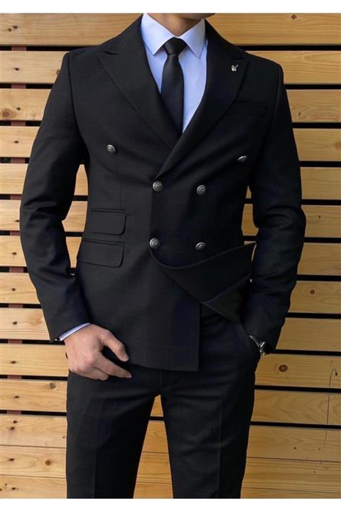 Terziayhan Slim Fit Siyah Ekoseli Kruvaze Takım