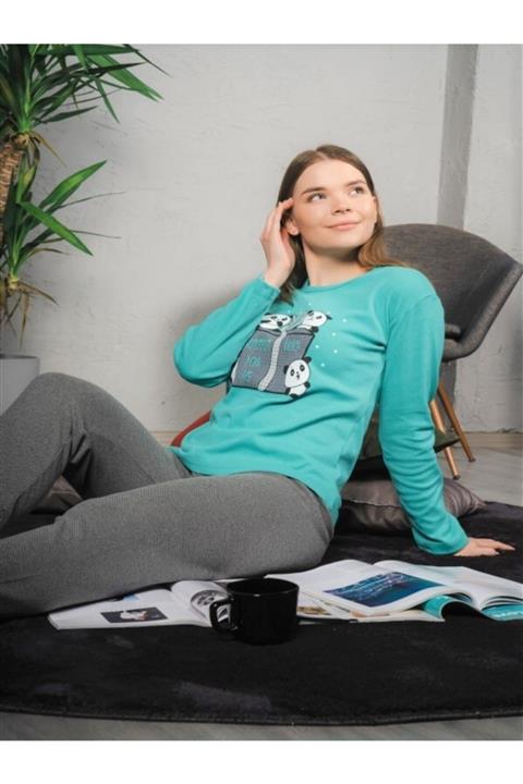 FAWN Bisiklet Yaka Panda Nakışlı Slim Fit Pijama Takımı