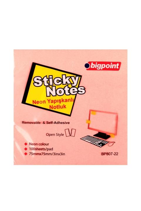 Bigpoint Yapışkanlı Not Kağıdı 75x75mm Neon Pembe 12'li Paket