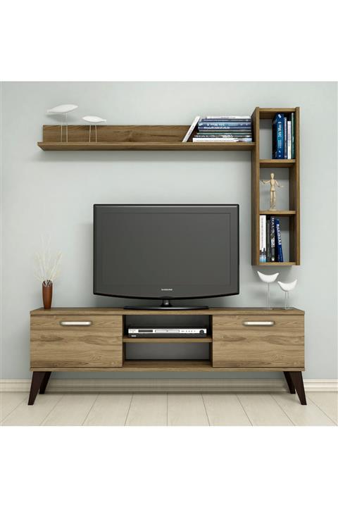 Bimossa C1520 TV Ünitesi Raflı Kitaplıklı Tv Sehpası Ceviz