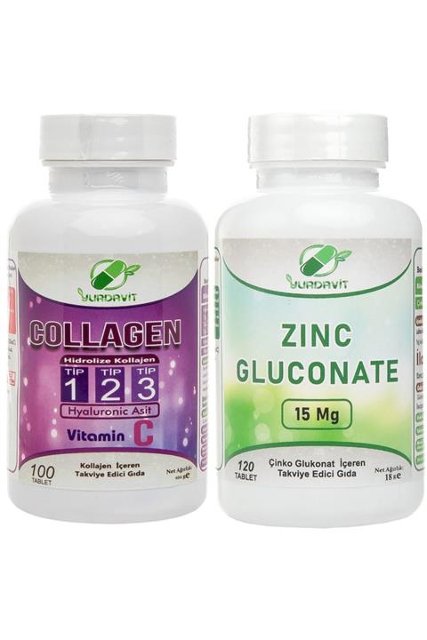 Yurdavit Hidrolize Collagen Kolajen Type Tip 1-2-3 100 Tb Zinc Gluconate Çinko Glukonat 120 Tablet