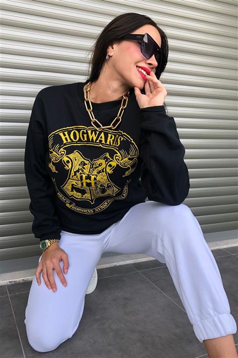 MODAGEN Kadın Siyah Hogwarts Baskılı Oversize Sweatshirt