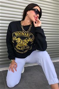 MODAGEN Kadın Siyah Hogwarts Baskılı Oversize Sweatshirt