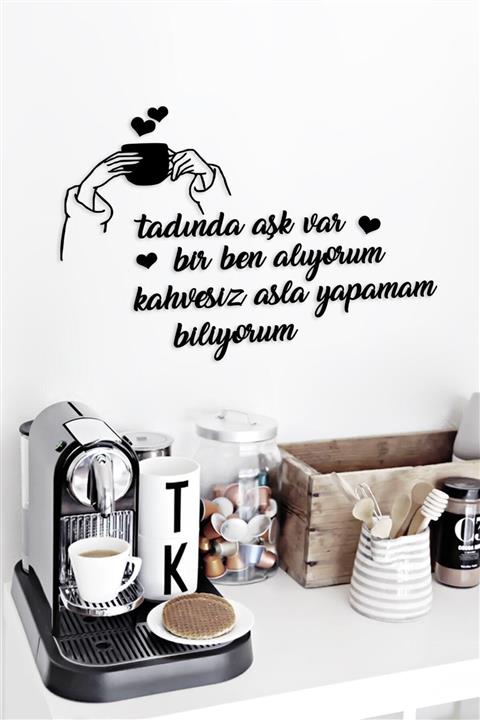 NT Handmade Siyah Ahşap Tadında Aşk Var Duvar Dekoru - Mutfak Konsepti Cafe Kahve Köşesi Için 50x50cm Tablo