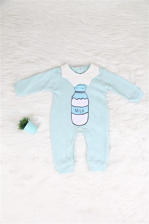 PumpkinKidsWear Bebek Mavi Milk Yazılı Alttan Çıtçıtlı Tulum 0-12 Ay