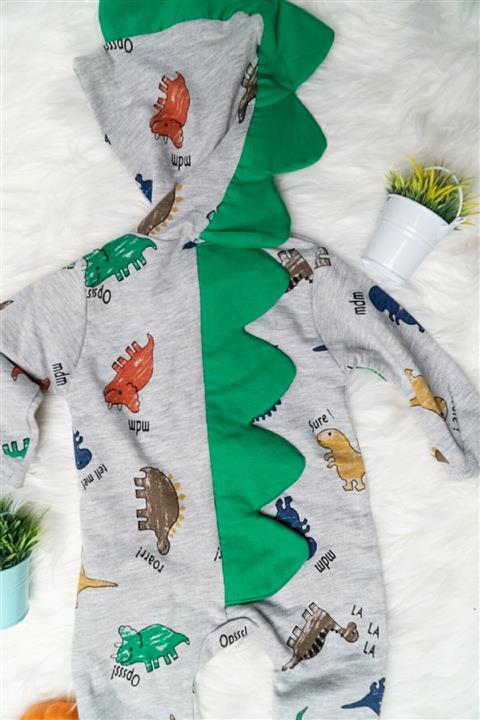 Murat Baby Dinazor Desenli Kapüşonlu Fermuarlı Bebek Tulumu