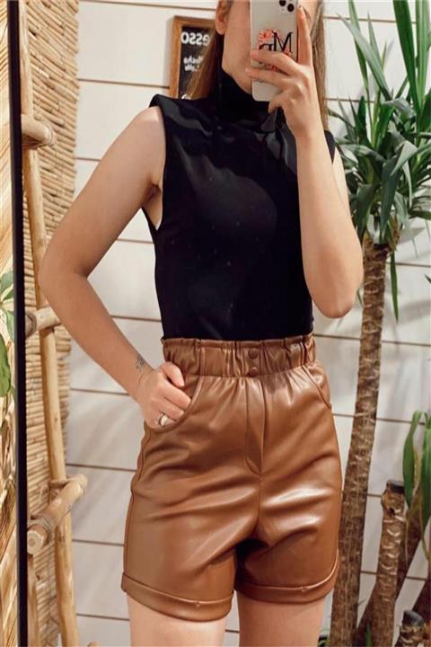 modanZe Kadın  Kahverengi Içi Polar Beli Lastikli Düğme Detay Çift Cep Duble Paça Deri Şort