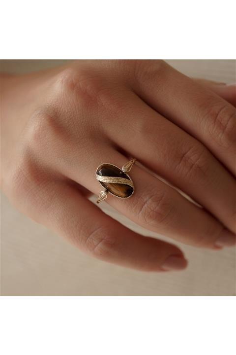 ALTINTAŞ KUYUMCULUK Kaplan Gözü Taşlı Oval Altın Yüzük