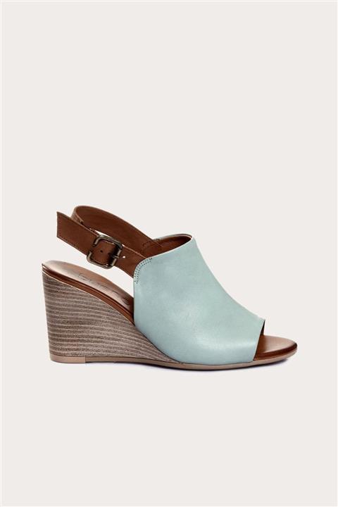 Bueno Shoes Mavi Deri Kadın Dolgu Topuklu Sandalet