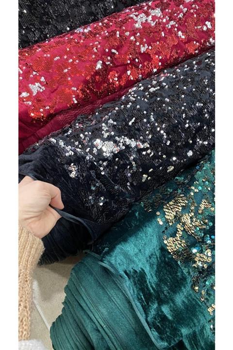 Trakya Kumaş Siyah Kadife Üstü Gümüş Çift Yönlü Payet Kumaş