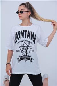 MODAGEN Kadın Beyaz Montana Baskılı Oversize T-shirt