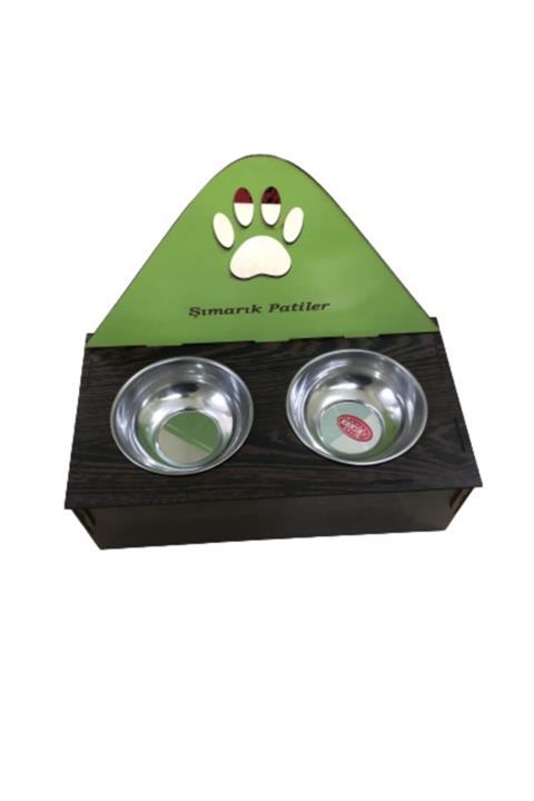 İKRARR Çelik Kaseli Pati Desenli Ahşap Kedi Köpek Mama Ve Su Kabı