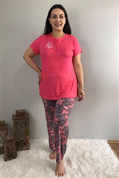 tarzimsuper Kadın Büyük Beden Çiçek Detaylı Kısa Kollu Pijama Takımı