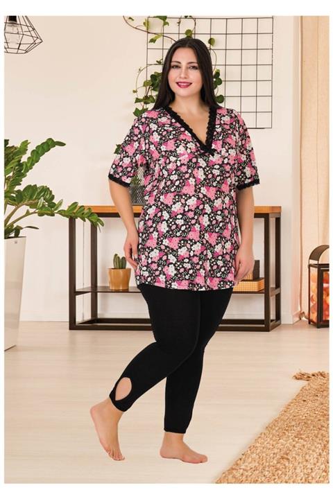 tarzimsuper Kadın Pembe Büyük Beden Çiçekli  Pijama Takımı