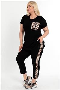 Siyezen Kadın Büyük Beden Siyah Cebi Ve Yanları Leopar Desenli Eşofman Takımı