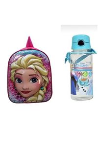 ENG.CO Frozen Kız Çocuk Pembe 5d Parlak Anaokulu Kreş Çantası + Frozen Elsa Suluk