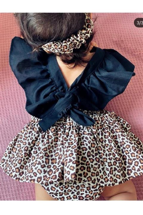 Asmin çocuk giyim Kız Bebek Leopar Tulum Ve Bandana Seti