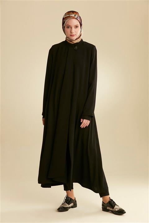 Tuğba Kadın Siyah Tek Düğmeli Salaş Pardösü