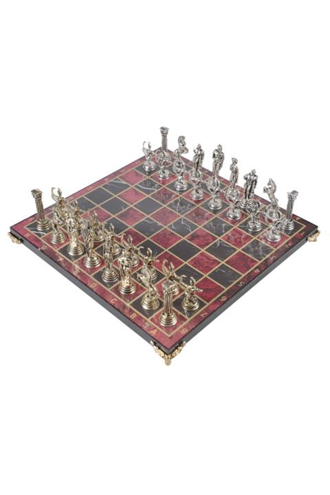 elife ESRMO3 Lüks Metal Döküm Satranç Takımı Roma Okçuları & Özel Ayaklı Kırmızı Mermer Desenli Tahta