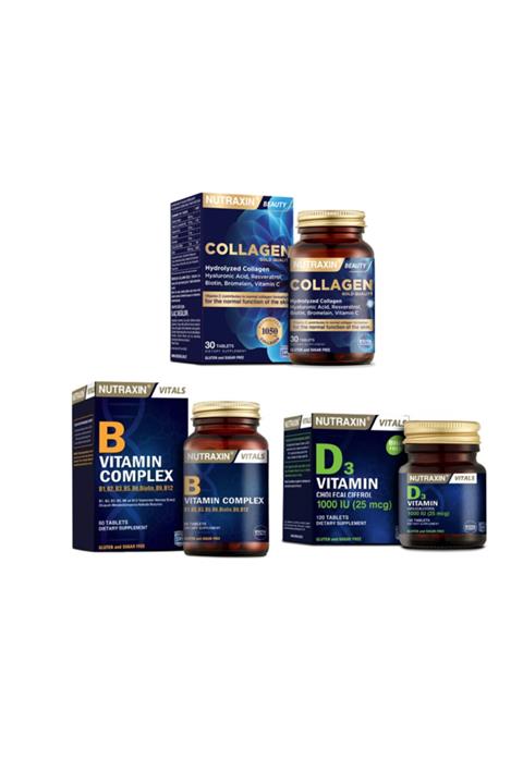 Nutraxin Kolajen Takviyesi 1050 Mg 30 Tablet +b Vitamin Complex 60 Tablet +d3 Vitamini 120 Tablet
