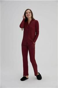 Eros Pijama Kadın Bordo Çizgili Gömlek Yaka Pijama Takımı Esk27690