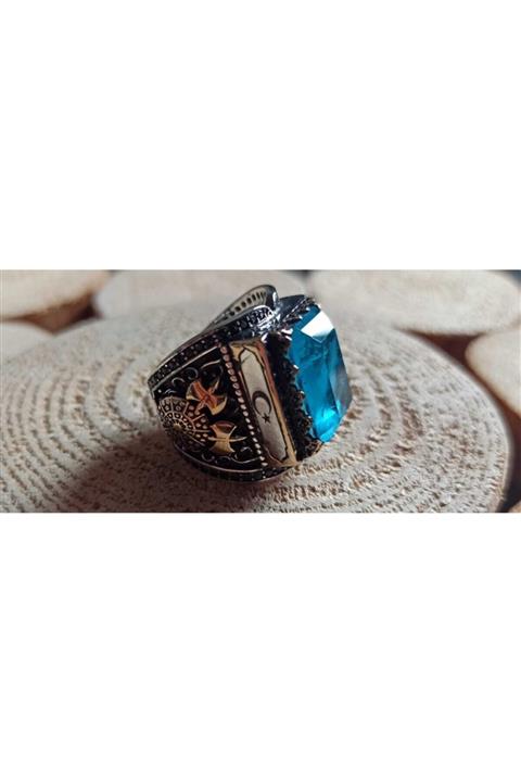 everest silver 925 Ayar Erkek Gümüş Yüzük Mavi Parabiya Taşı Orta Kısmı Balta Kalkan Kenarları Siyah Zirkon Taşlı