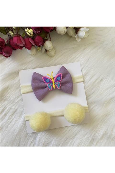 Baby Minnak Kız Bebek 2'li Sarı Ponpon Mor Fiyonk Bandana Seti