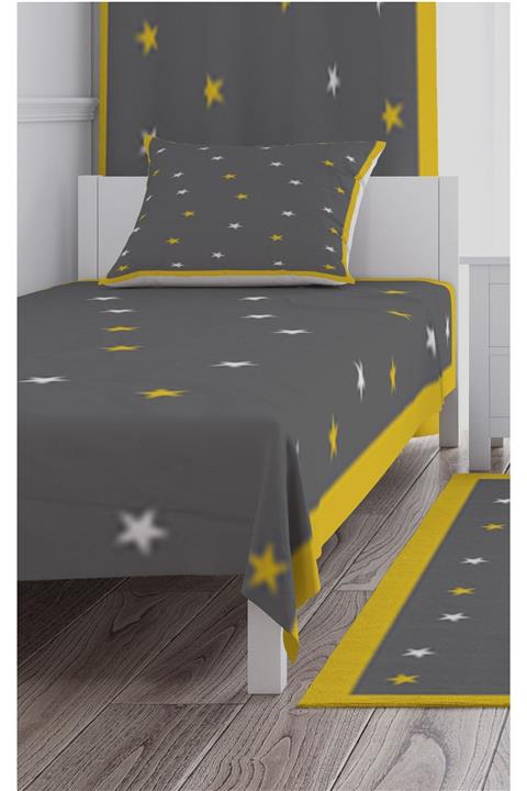 CİCİ TASARIM ÜRÜNLERİ Sarı Kenar Gri Zemin Ve Yıldızlar Yatak Örtüsü