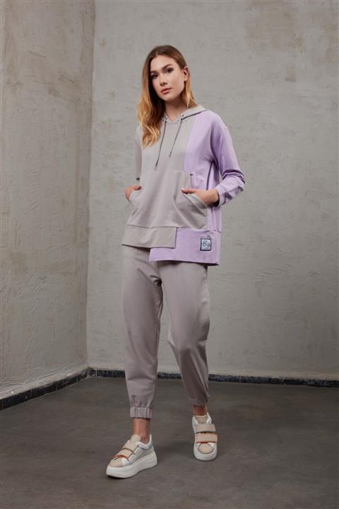 oia S-19145 Lila-gri Pamuk Kumaş Kanguru Cepli Orta Boy Tunik Pantolon Alt Üst Eşofman Takım