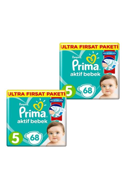 Prima Bebek Bezi Aktif Bebek 5 Beden 68 Adet Ultra Fırsat Paketi X 2 Adet