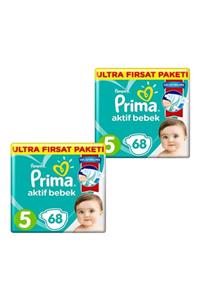 Prima Bebek Bezi Aktif Bebek 5 Beden 68 Adet Ultra Fırsat Paketi X 2 Adet